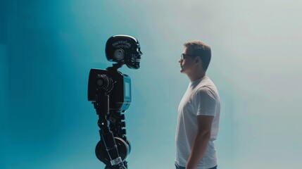 A futuristic scene of a man confronting a sleek, advanced robot, symbolizing the intersection of human and artificial intelligence.