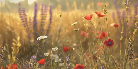 Obraz premium A wild meadow blooms with diverse flowers like lavender and poppy, painting a vibrant countryside landscape.