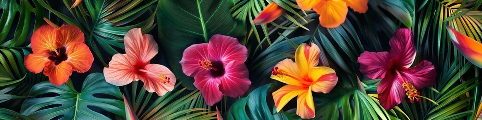 Fototapeta premium A lush arrangement of tropical flowers and greenery in a vibrant summer garden.