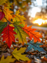 Fototapeta premium Autumn colorful bright leaves on tree in autumnal park. Autumnal pattern background fall backdrop. Raindrops and serene sunset light, soft focus bokeh blur tranquil. Magical mood, colorful foliage. AI