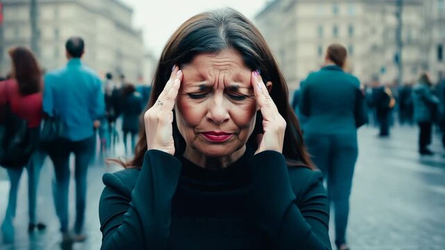 Sad woman have panic attack on city street among crowd. Girl suffering from headache. Fear of people, social anxiety, phobia. Disease mental health problem concept. Psychological help. Time lapse walk