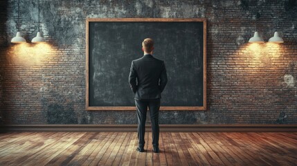 Obraz premium A businessman in a suit stands in front of a blank chalkboard in a room with brick walls.