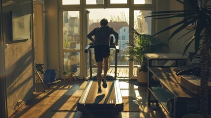 Fototapeta premium Silhouetted figure runs on a treadmill, bathed in warm sunlight streaming through large windows, capturing the serene and motivational spirit of indoor exercise.
