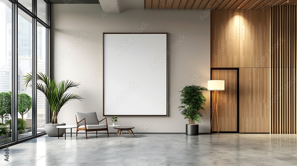 Poster corporate branding identity logo display white blank frame mockup with modern business offices reception background as banner with copy space area mock up : Generative AI