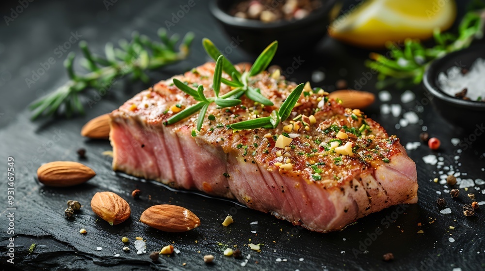 Poster lightly seared tuna steak with almonds close up lightly fried tuna : generative ai