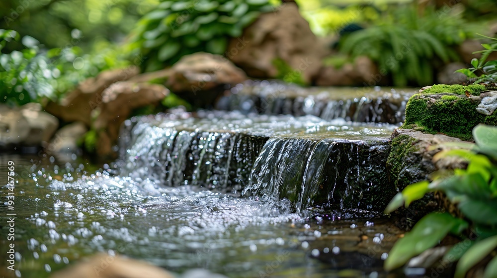 Poster green cozy garden with a small waterfall and rocks and structures in the pond : generative ai