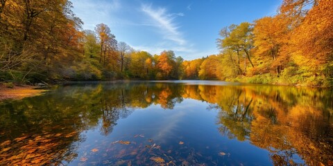 Idyllic rural scene with seasonal golden foliage around a peaceful lake in autumn.