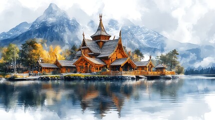 Wooden Church by the Lake with Mountain View - Watercolor Painting.