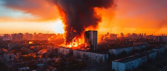 Dramatic cityscape with fire and smoke 