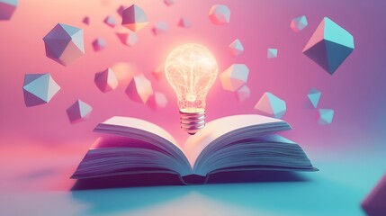 Surreal 3D Rendered Scene of Open Book with Glowing Bulb and Floating Geometric Shapes