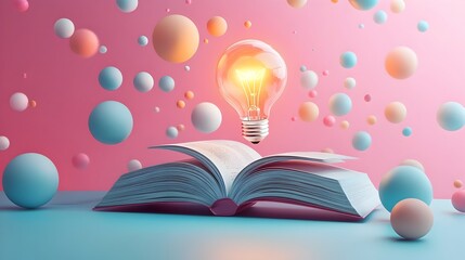 Glowing Book of Creativity and Innovation with Floating Spheres in Pastel Palette