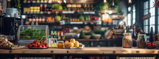 Obraz premium Rustic kitchen counter with fresh vegetables and bread