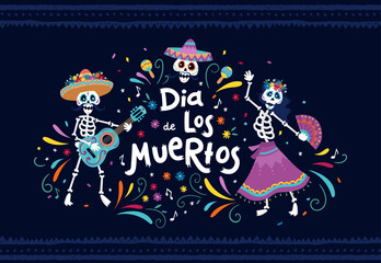 Cute hand drawn Day of the Dead illustrations, colorful skeletons dancing and making music with flowers and decoration