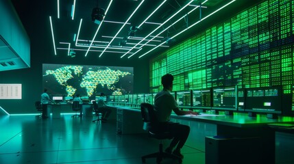 Fototapeta premium A high-tech control room illuminated by green light, featuring large monitors and figures engaged in data analysis, evoking a high-stakes, futuristic vibe.