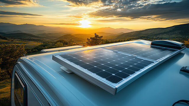 Solar panels on a camper roof capturing energy during a stunning mountain sunset