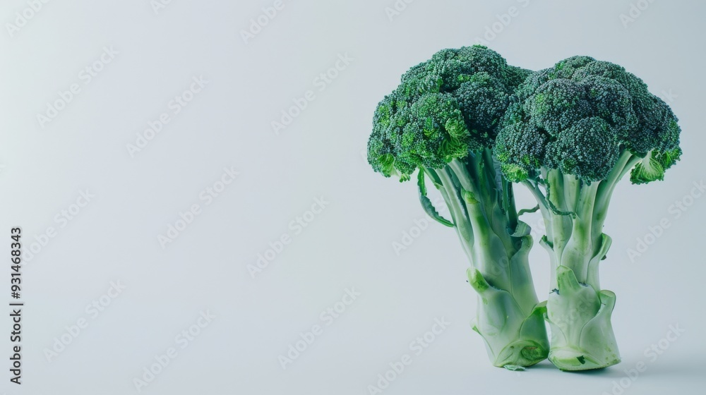 Poster Two fresh, vibrant stems of broccoli are set against a minimalistic, pale background, emphasizing their lush, green healthiness.