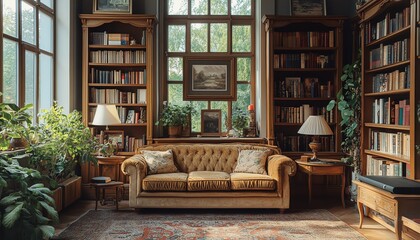 Emotional cozy vintage living room featuring warm wood furniture, velvet sofa, antique frames, bookshelf filled with books, antique lamp, large windows for natural light