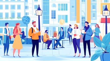City Street Illustration - Diverse People Walking and Talking