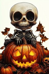 Skelleton and halloween pumpkin. illustrated Poster design. Generative Ai
