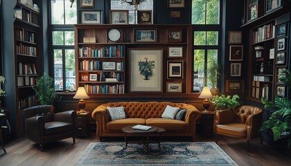 Cozy emotional vintage living room with warm wooden furniture, velvet sofa, antique frames, bookshelves, antique lamp, large windows, inviting atmosphere