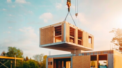 A modular building section being lifted by a crane at a construction site, showcasing efficient, modern building methods and sunny weather.