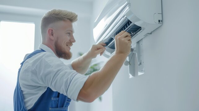 The technician repairing air conditioner