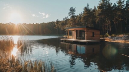 Fototapeta premium A modern lakeside cabin glistening in the morning sun, blending seamlessly with the calm water and lush surrounding pine forest.