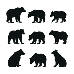 A collection of 9 bear silhouettes in various positions, arranged in a 3 by 3 grid. The background is plain and white