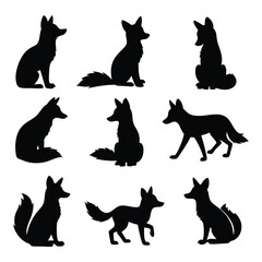 A collection of 9 fox silhouettes in different positions, including sitting, standing, and running,