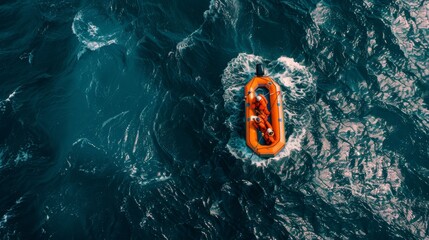 An orange rescue boat navigates choppy, deep blue waters in an aerial view, highlighting maritime safety efforts.