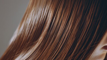 Naklejka premium Close-up of lustrous, silky brown hair flowing naturally, radiating health and vibrancy against a soft, neutral backdrop.