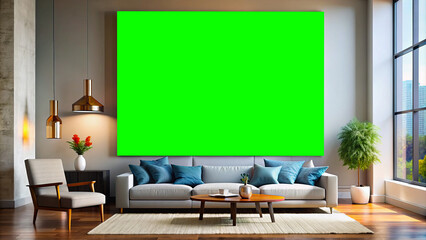 Versatile green screen interior background featuring a modern living room, ideal for video production, virtual tours, or adding custom visuals in post-production with a clean and neutral backdrop