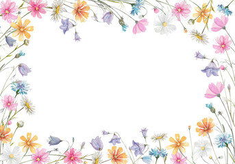 Hand drawn watercolor wildflowers frame illustration. Cute floral composition isolated on white