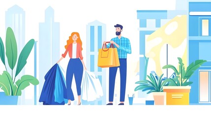 Couple Shopping Bags Cityscape Illustration
