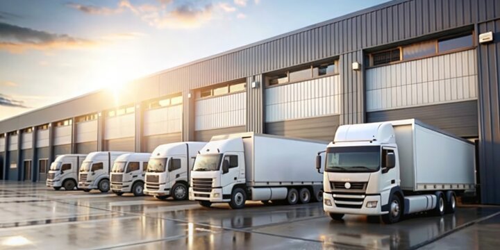 "Transport Trucks at Factory Warehouse" - A factory warehouse with transport trucks parked outside.
