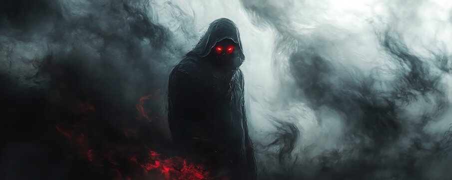 Sin personified into darkness, ominous figure with red eyes, engulfed in shadows, black mist swirling around, dark and eerie surroundings, intense atmosphere