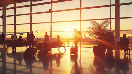 People in an airport terminal silhouetted against a stunning sunset, planes in the background ready for departure.