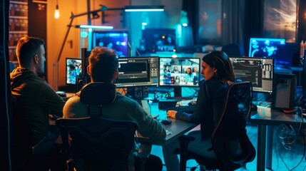 In a vibrant editing room, numerous professionals manage multiple screens displaying lively graphics, coordinating on a project with utmost concentration.