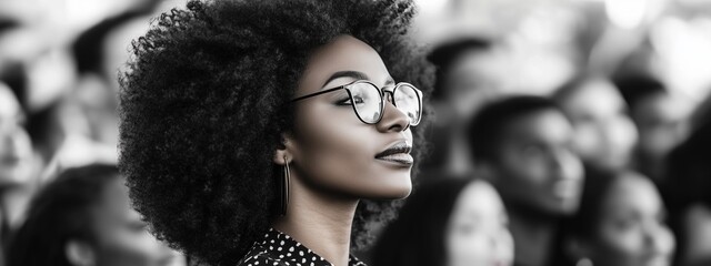 An African-American woman in sunglasses is isolated against a background of people. Sepia, retro, vintage.