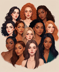 Obraz premium Women's Equality Day art banner poster. Many diverse women of different ages, nationalities and religions come together.