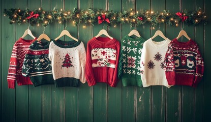 Many Christmas sweaters hanging on hangers against a green wooden background with garland lights, d