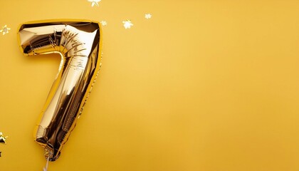 Obraz premium foil holiday number 7 on a yellow background with confetti with space for text, greeting card. 