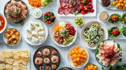 Top view of food assortment Luxury buffet flat lay Selection of plates and dishes on white background : Generative AI