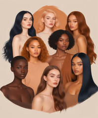 Obraz premium International Women's Day.Multi-Ethnic Women.A Group of Beautiful Women with different beauty,Hair,Skin Color.The Femininity concept, Diversity,Independence,Equality. Struggle for freedom Illustration