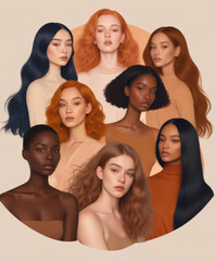 Fototapeta premium International Women's Day.Multi-Ethnic Women.A Group of Beautiful Women with different beauty,Hair,Skin Color.The Femininity concept, Diversity,Independence,Equality. Struggle for freedom Illustration