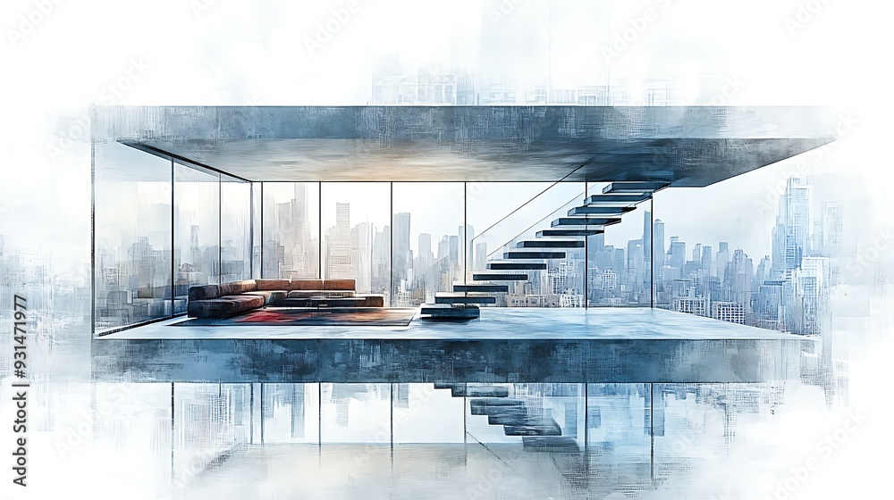 Wall mural Modern Interior Design with City View and Floating Stairs.