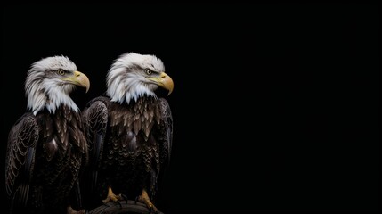 Obraz premium Two majestic eagles perch side by side against a stark black background, symbolizing strength and vigilance.