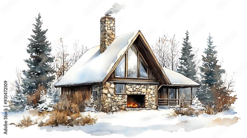 Canvas Prints Cozy Cabin in the Snow with Smoke Rising from the Chimney.