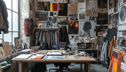 Realistic panoramic view of a fashion designers studio