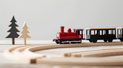 A charming wooden toy train set on a light track surrounded by small wooden trees, evoking nostalgia and childhood innocence.